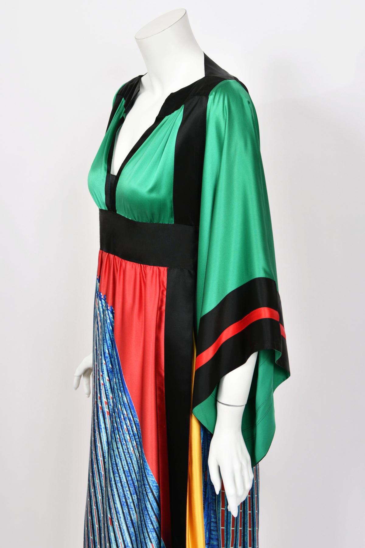 1977 Ungaro Haute Couture Runway Colorful Silk Kimono-Sleeve Tunic Blouse &amp; Skirt Ensemble