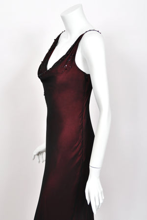 2000 John Galliano Beaded Black Sheer Silk Chiffon & Red Satin Draped Bias-Cut Gown