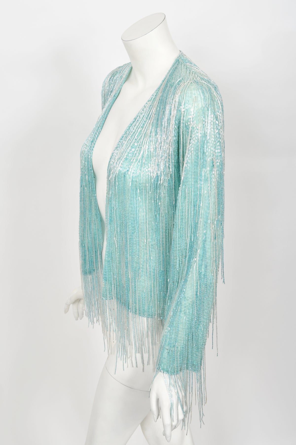 1970&#39;s Halston Couture Ice Blue Beaded Silk Fringe Disco Cardigan Jacket