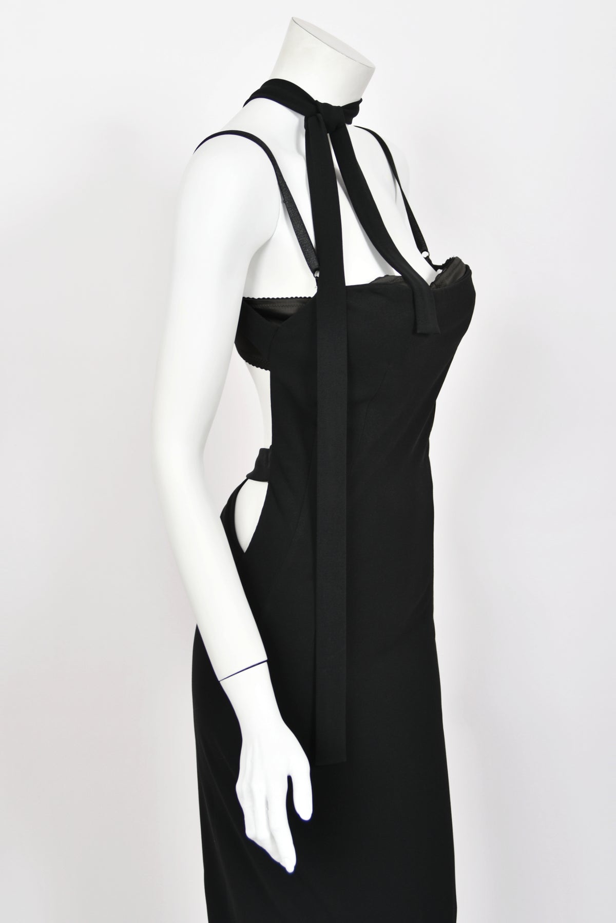 2001 Dolce &amp; Gabbana Black Built-In Bra Necktie Straps Backless Gown