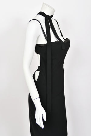 2001 Dolce & Gabbana Black Built-In Bra Necktie Straps Backless Gown