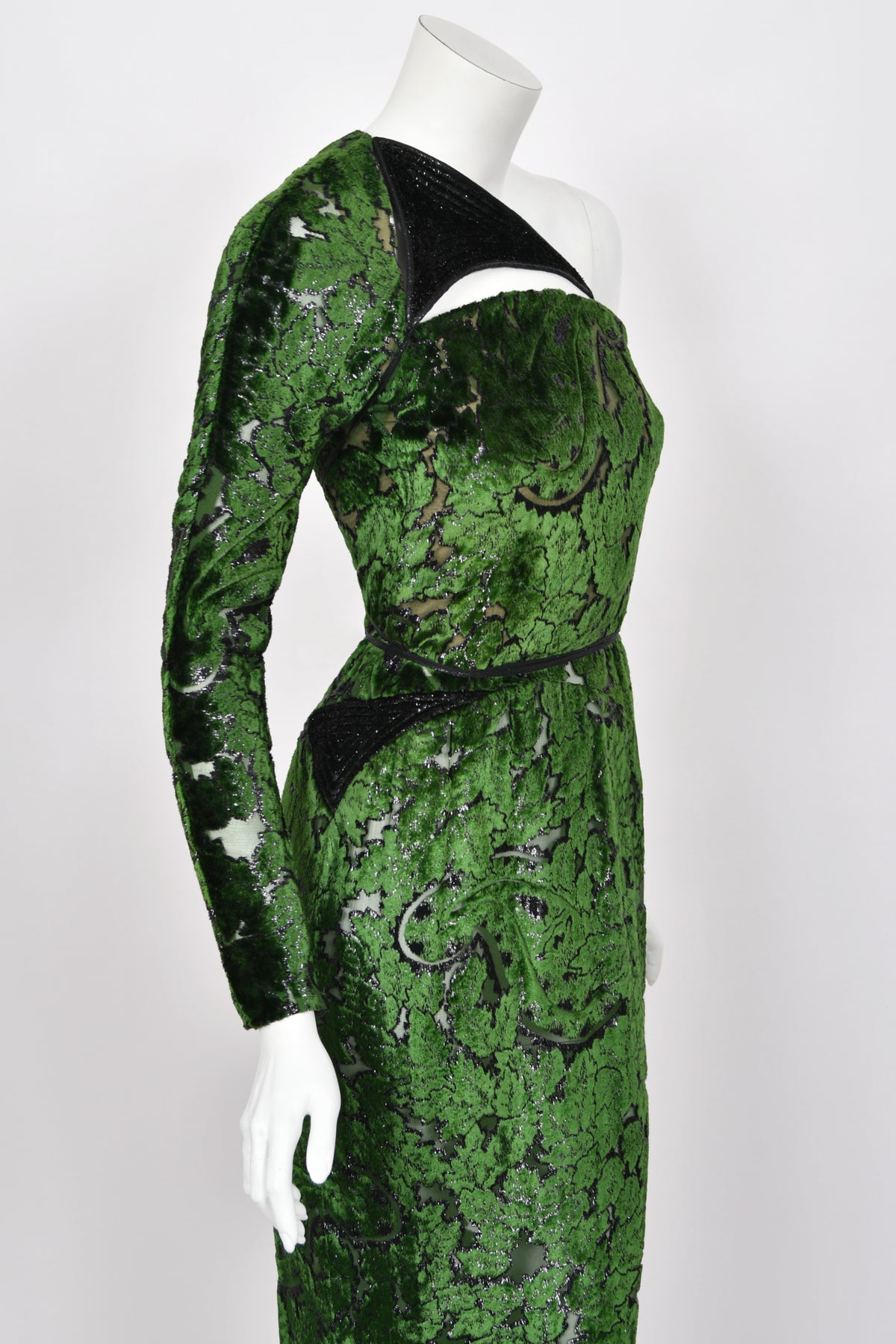 1990 Geoffrey Beene Couture 'Green Leaves' Sheer Devoré Velvet One-Sleeve Hourglass Gown