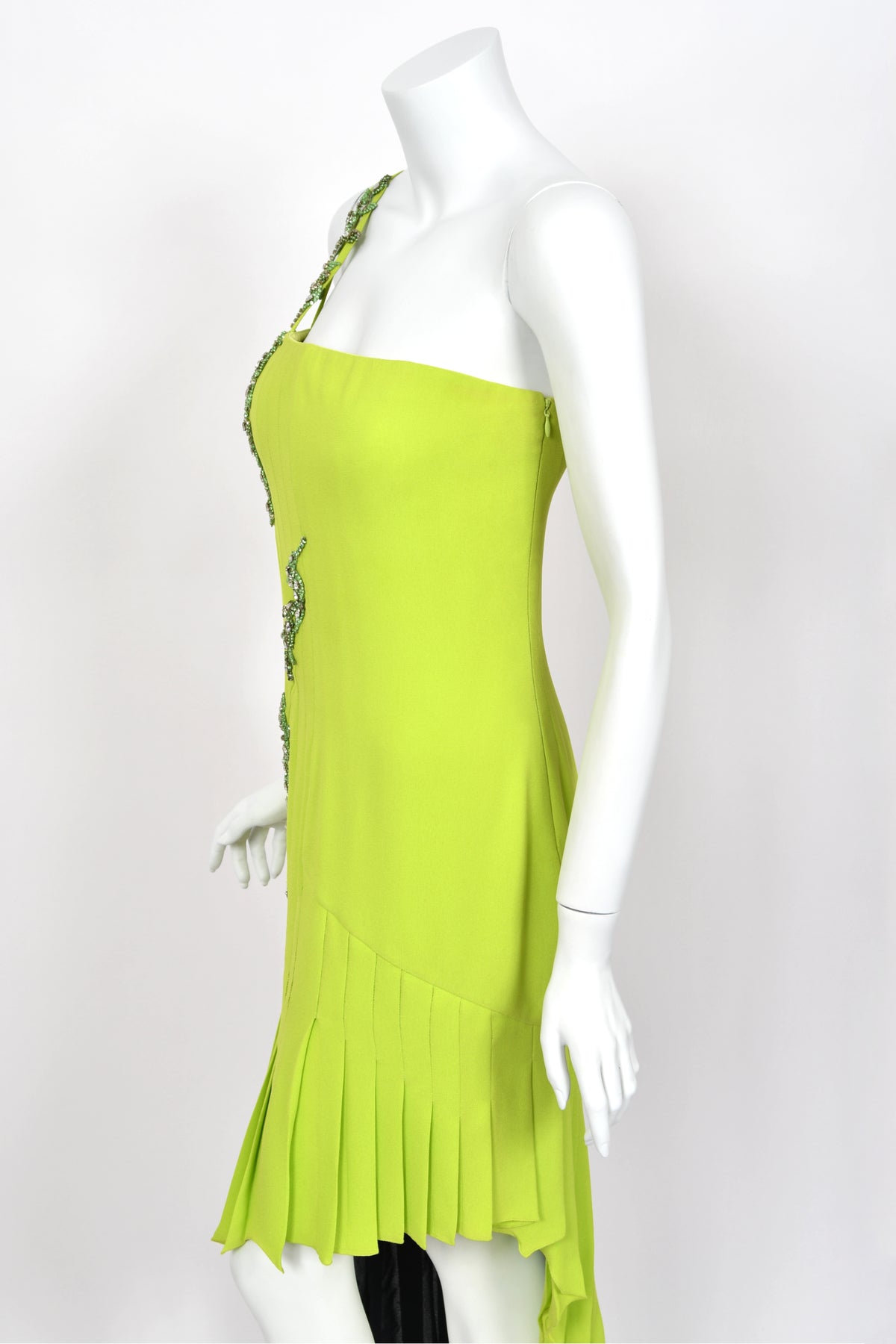 1997 Gianni Versace Lifetime Runway Lime Green & Black Embellished Silk High-Low Dress