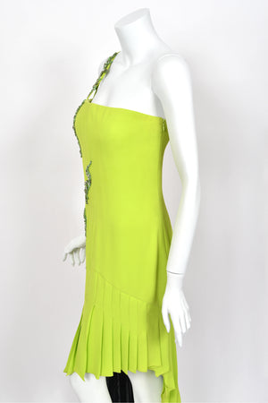 1997 Gianni Versace Lifetime Runway Lime Green & Black Embellished Silk High-Low Dress