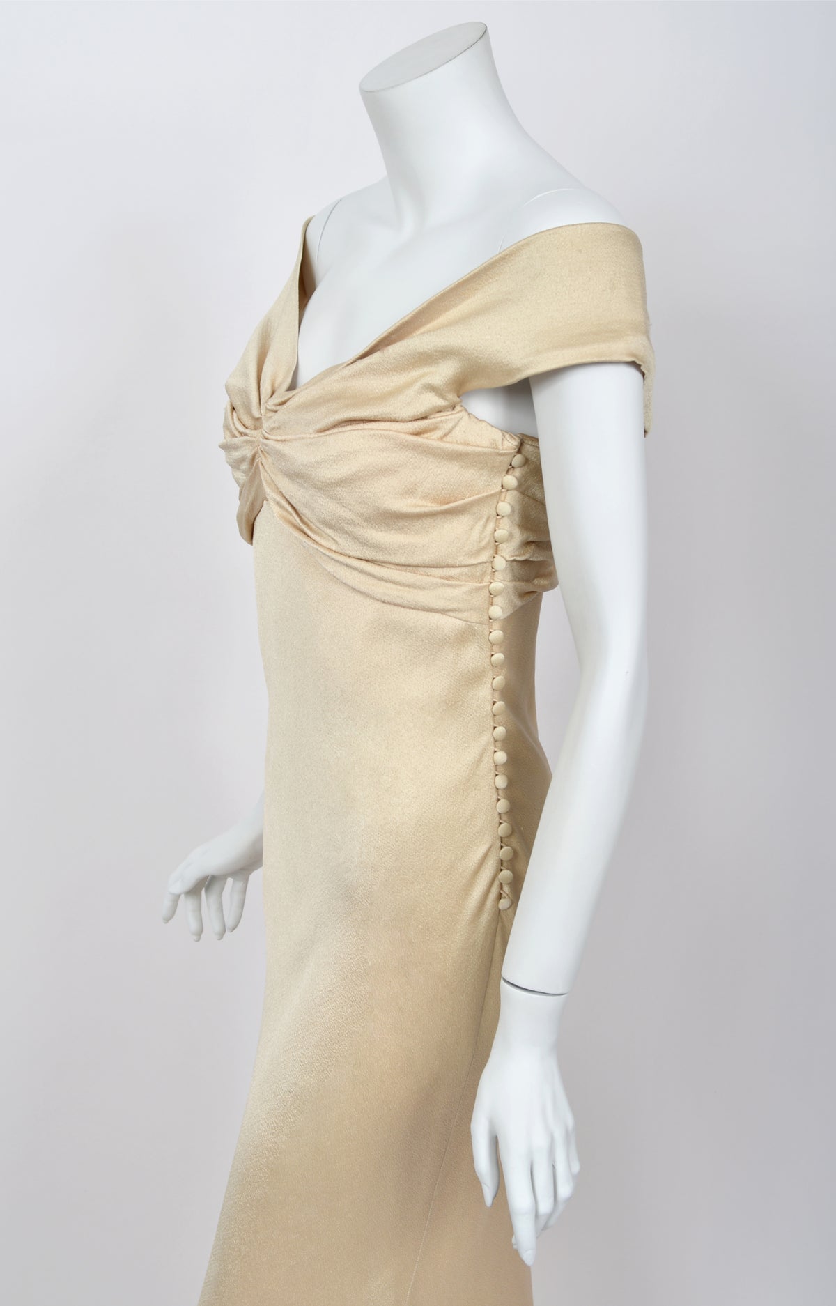 2007 John Galliano Champagne Silk Satin Off-Shoulder Bustier Bias-Cut Gown w/Tags