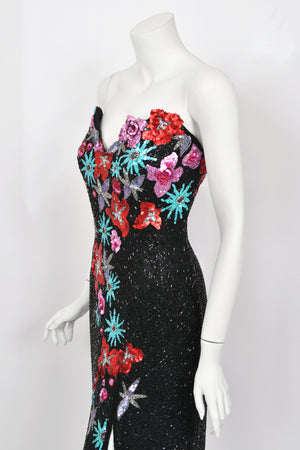 1990's Bob Mackie Fully Beaded Floral Motif Strapless Bustier High-Slit Gown