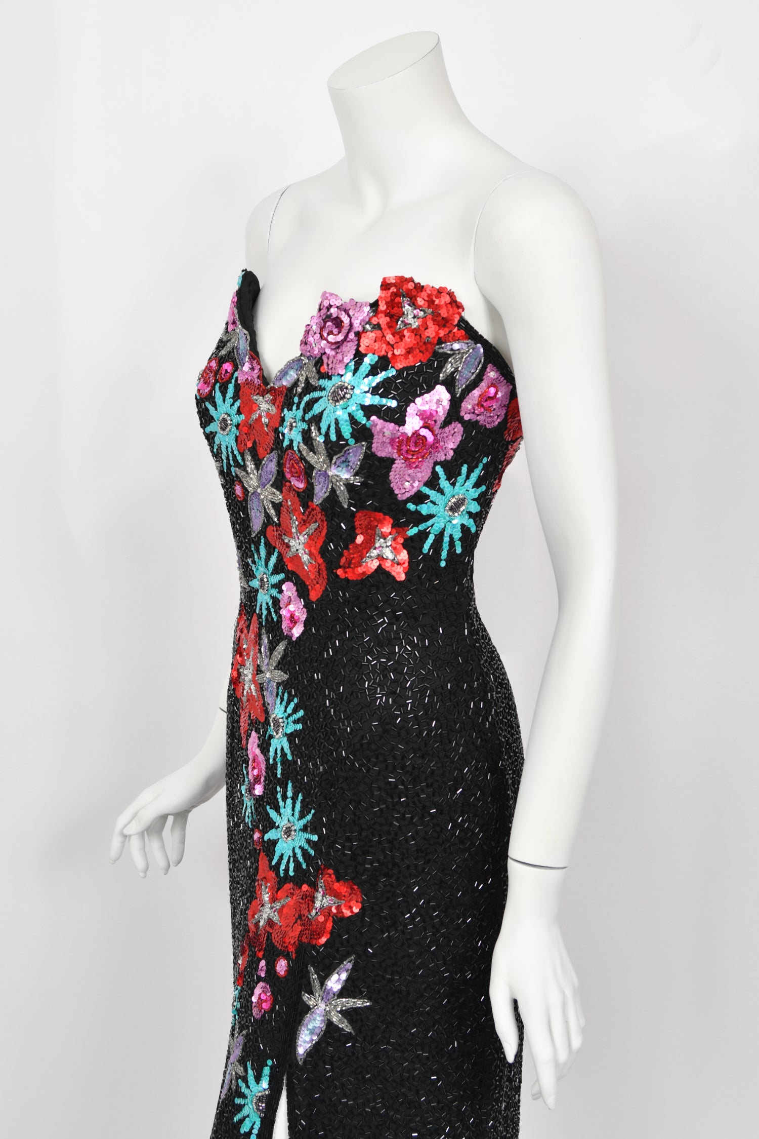 1990's Bob Mackie Fully Beaded Floral Motif Strapless Bustier Gown