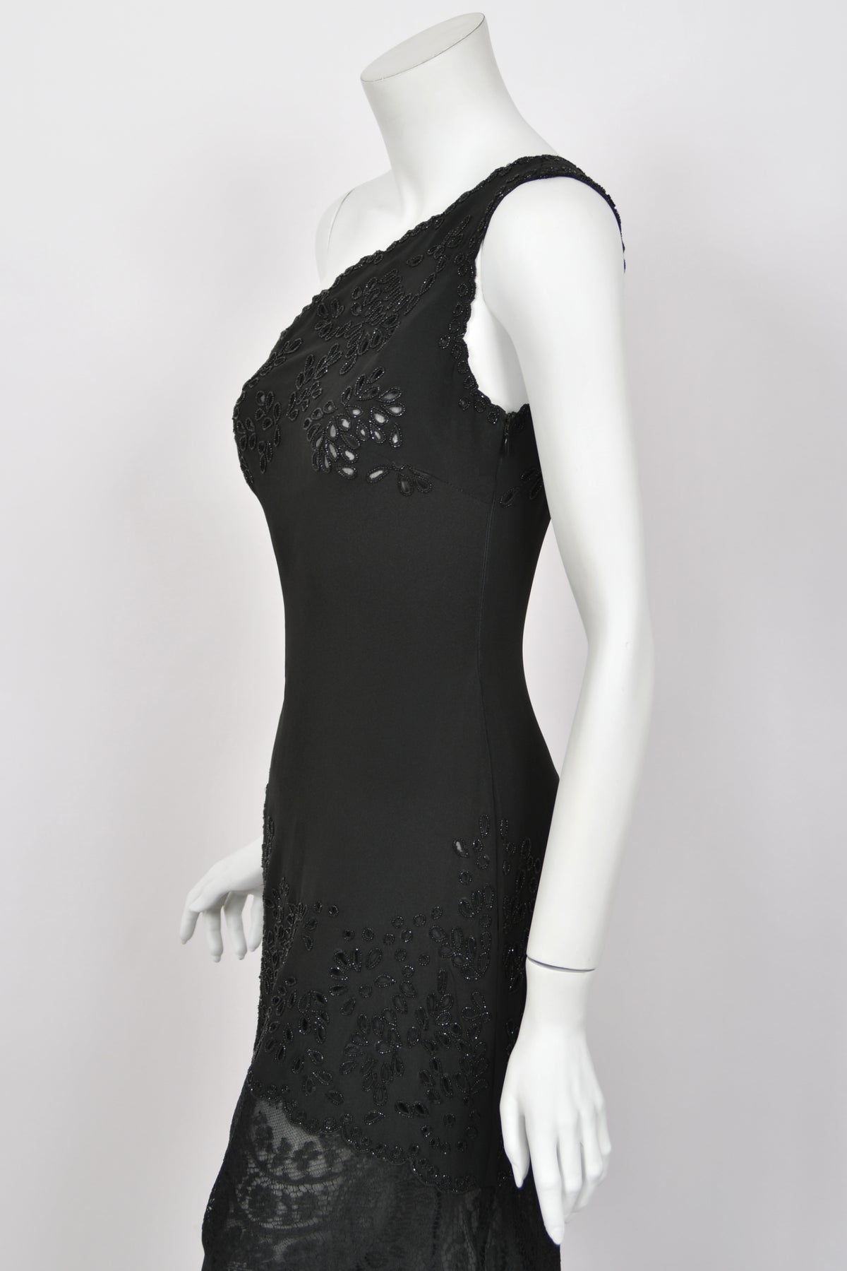 1998 Valentino Runway Black Beaded Cut-Out Silk &amp; Sheer Lace Bias-Cut Gown