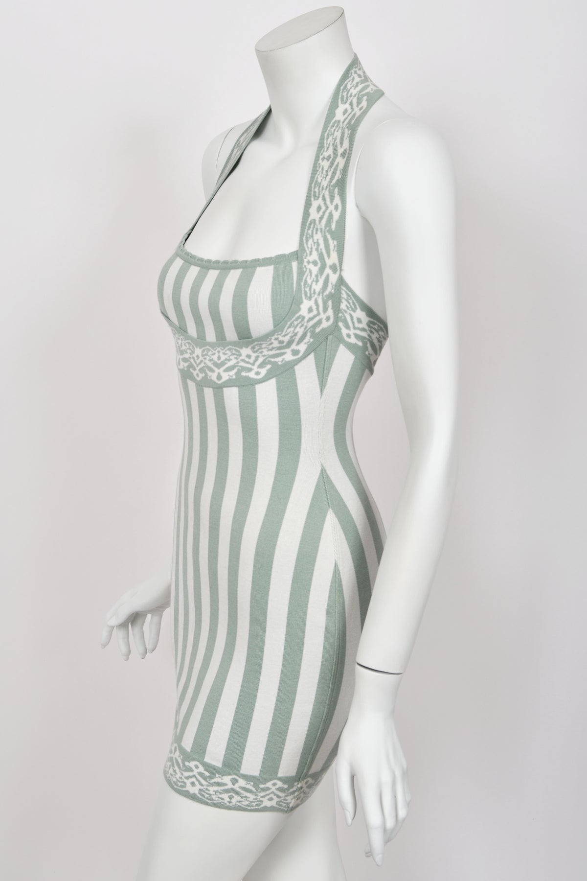 1992 Azzedine Alaia Runway Mint &amp; Ivory Striped Stretch Knit Halter Bodycon Mini Dress
