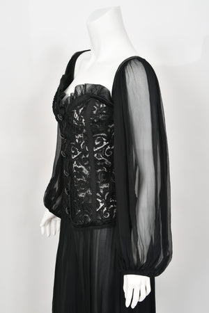 1988 Yves Saint Laurent Documented Black Sheer Silk & Boned Lace Bustier Dress