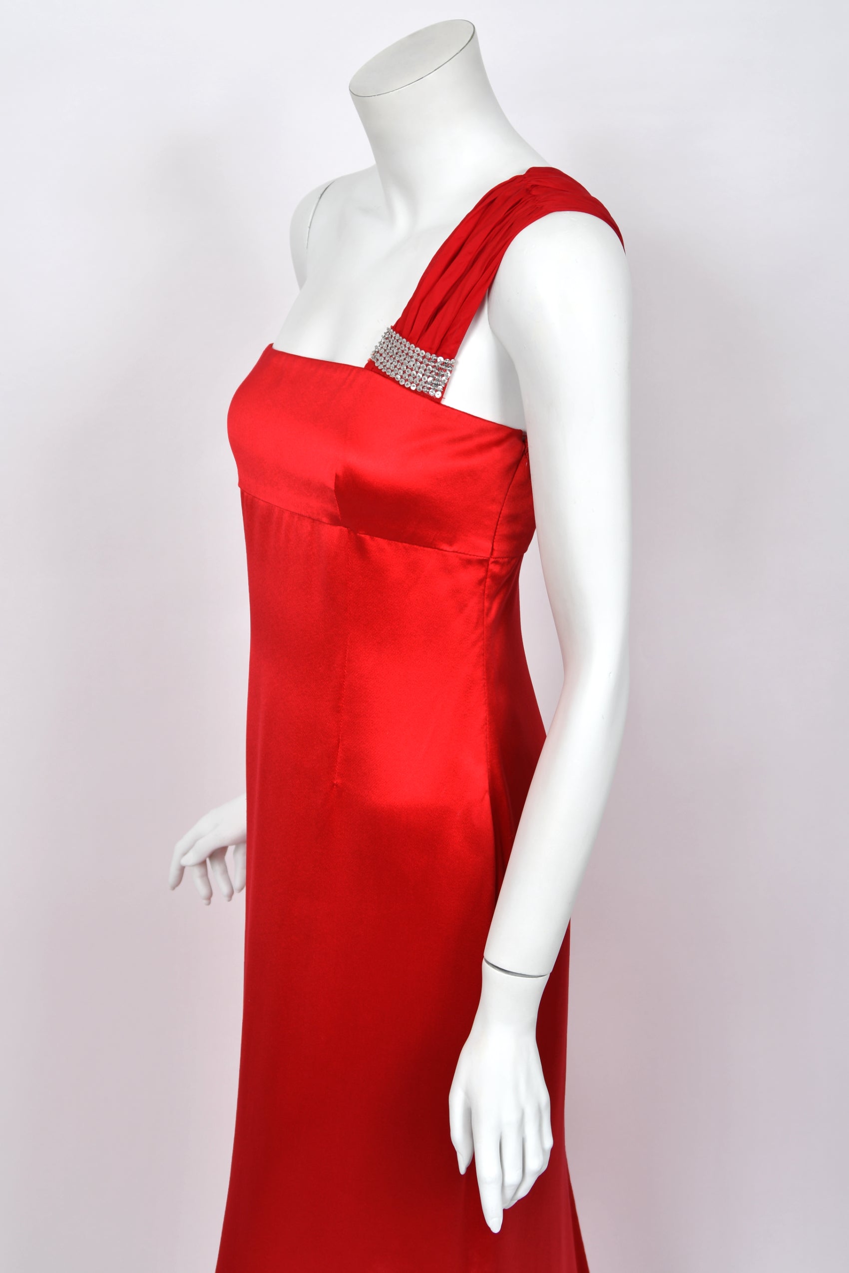 2008 Valentino Ruby Red Silk One-Shoulder Draped Sash Gown with Tags