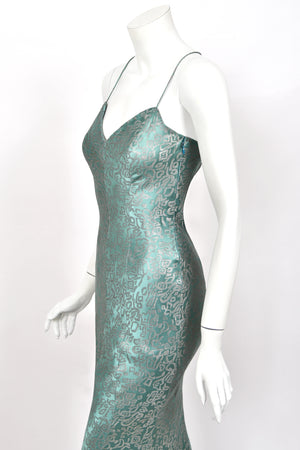 1999 Christian Dior by John Galliano Metallic Teal Blue Lamé Silk Bias-Cut Slip Gown