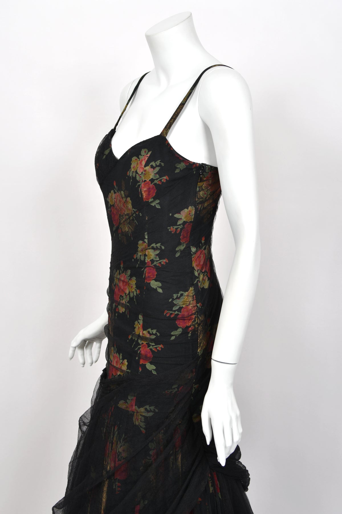 2010 Ralph Lauren Runway Metallic Floral Silk & Black Sheer Tulle Hourglass Mermaid Gown