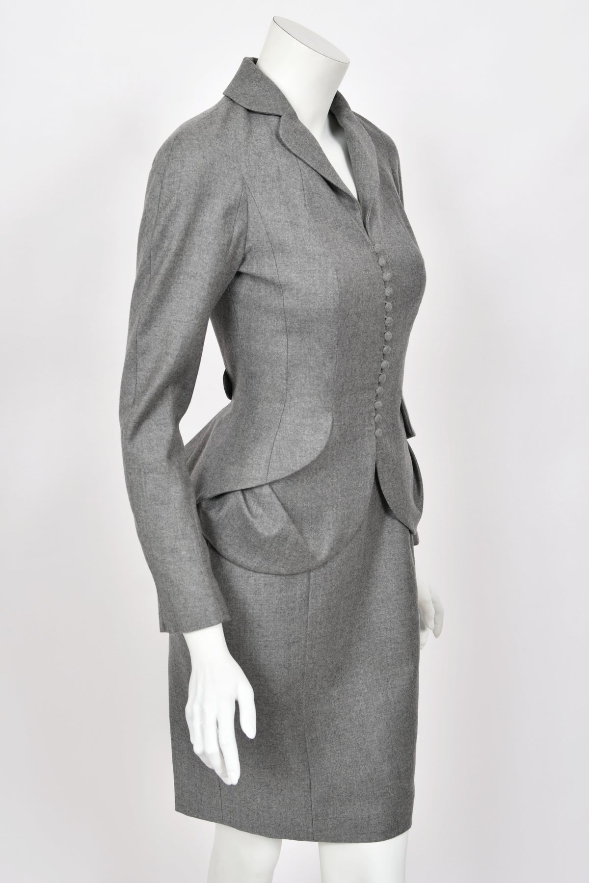 1998 John Galliano ‘Cabaret’ Collection Charcoal Gray Wool Dress & Peplum Jacket Suit