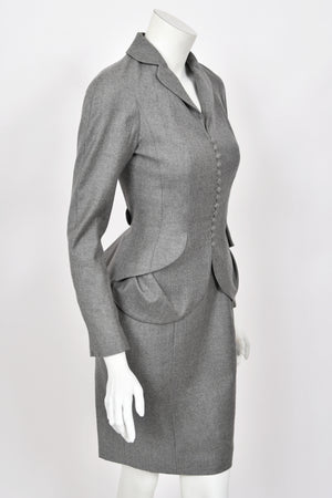 1998 John Galliano ‘Cabaret’ Collection Charcoal Gray Wool Dress & Peplum Jacket Suit