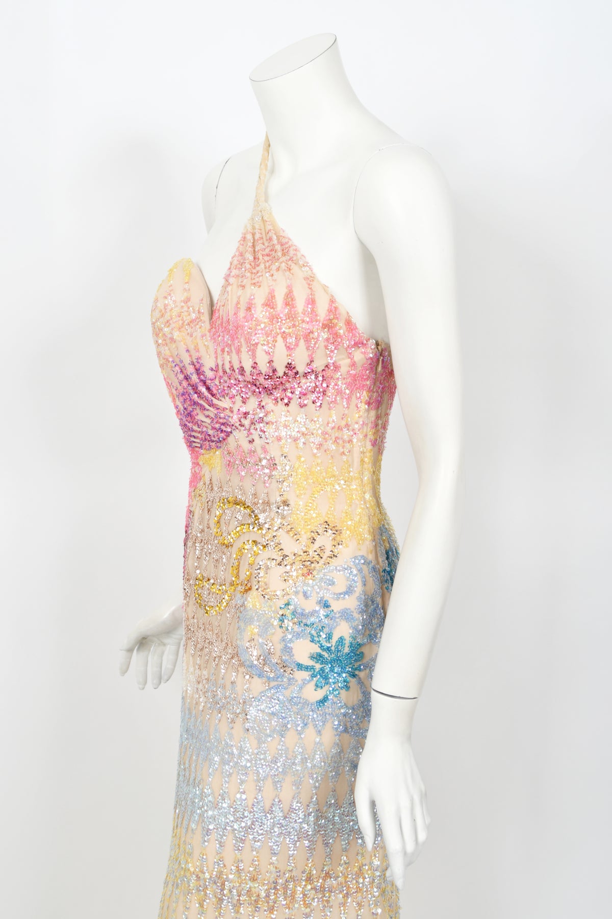 1990's Mike Benet Rainbow Sequin Silk Asymmetric Hourglass Versace-Like Gown