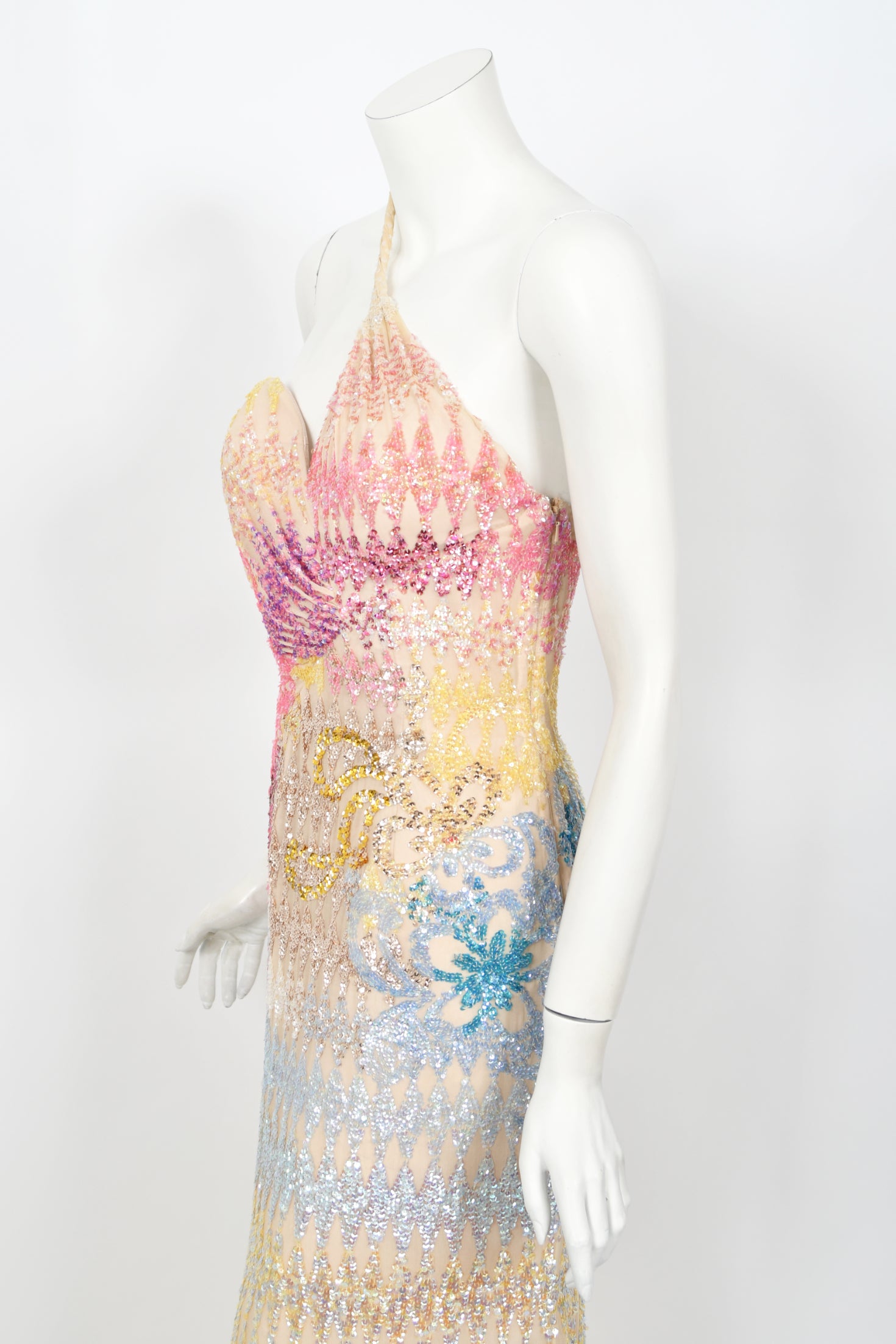 bcbg rainbow sequin dress Vintage 1990's Mike Benet Rainbow Sequin Silk Asymmetric Hourglass Britney Versace-Like Gown