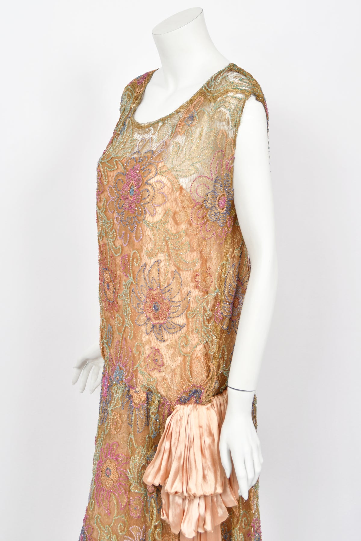1920&#39;s French Couture Colorful Beaded Metallic Lamè Lace &amp; Pink Silk Dress