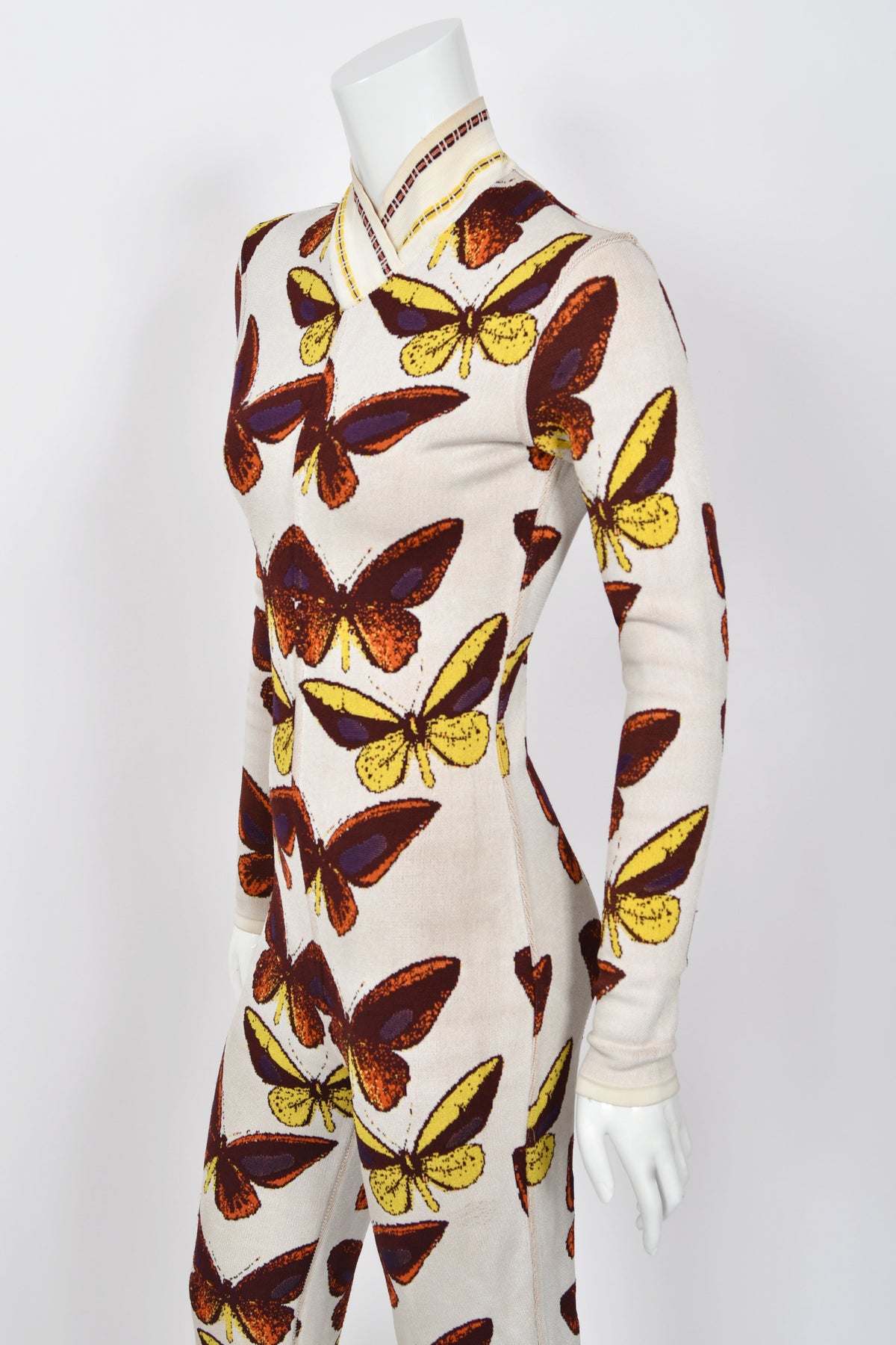 1991 Azzedine Alaïa Iconic Runway Butterfly Print Ivory Stretch Knit Bodycon Catsuit