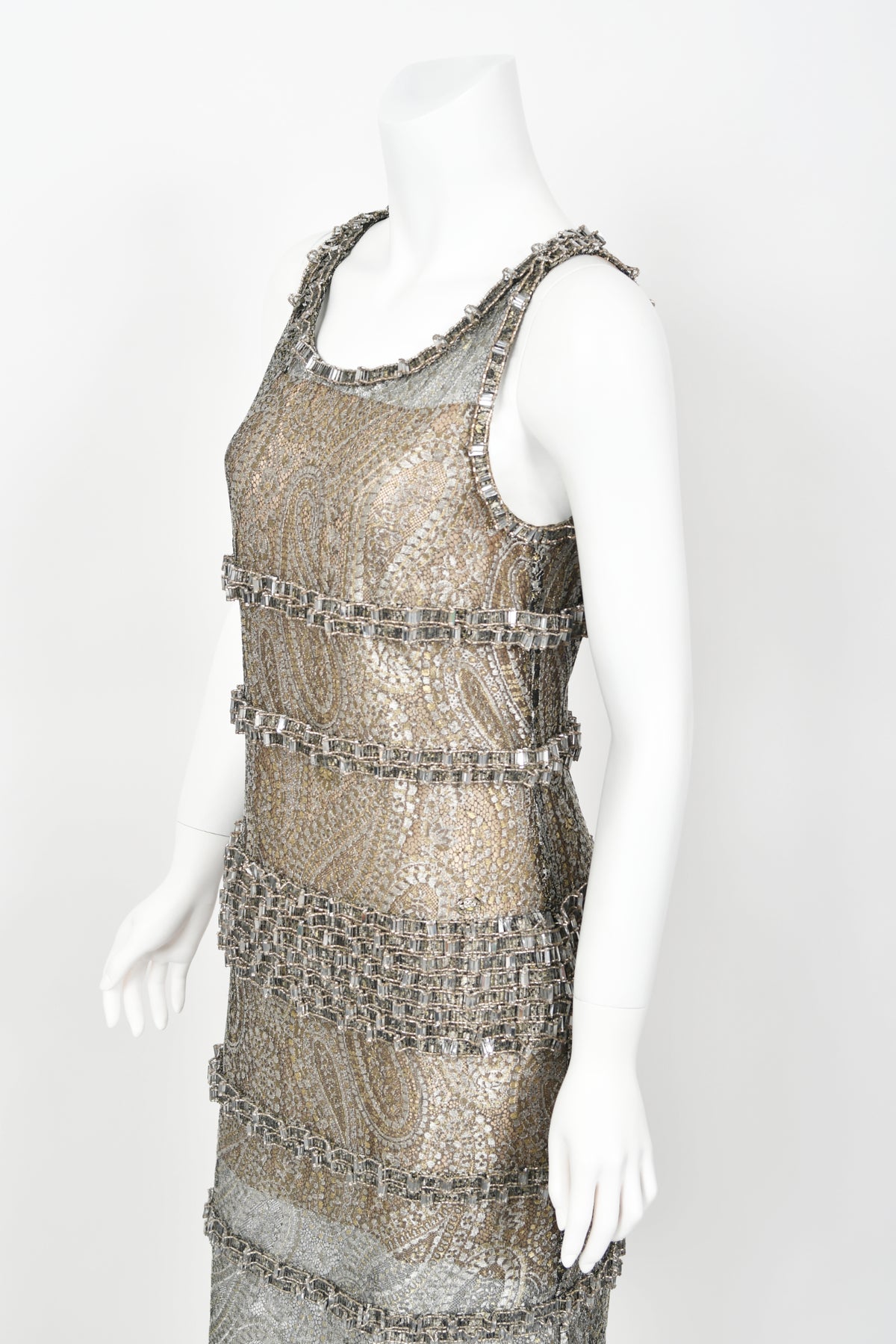 2012 Chanel by Karl Lagerfeld Runway Crystal Beaded Sheer Silver &amp; Gold Lace Dress