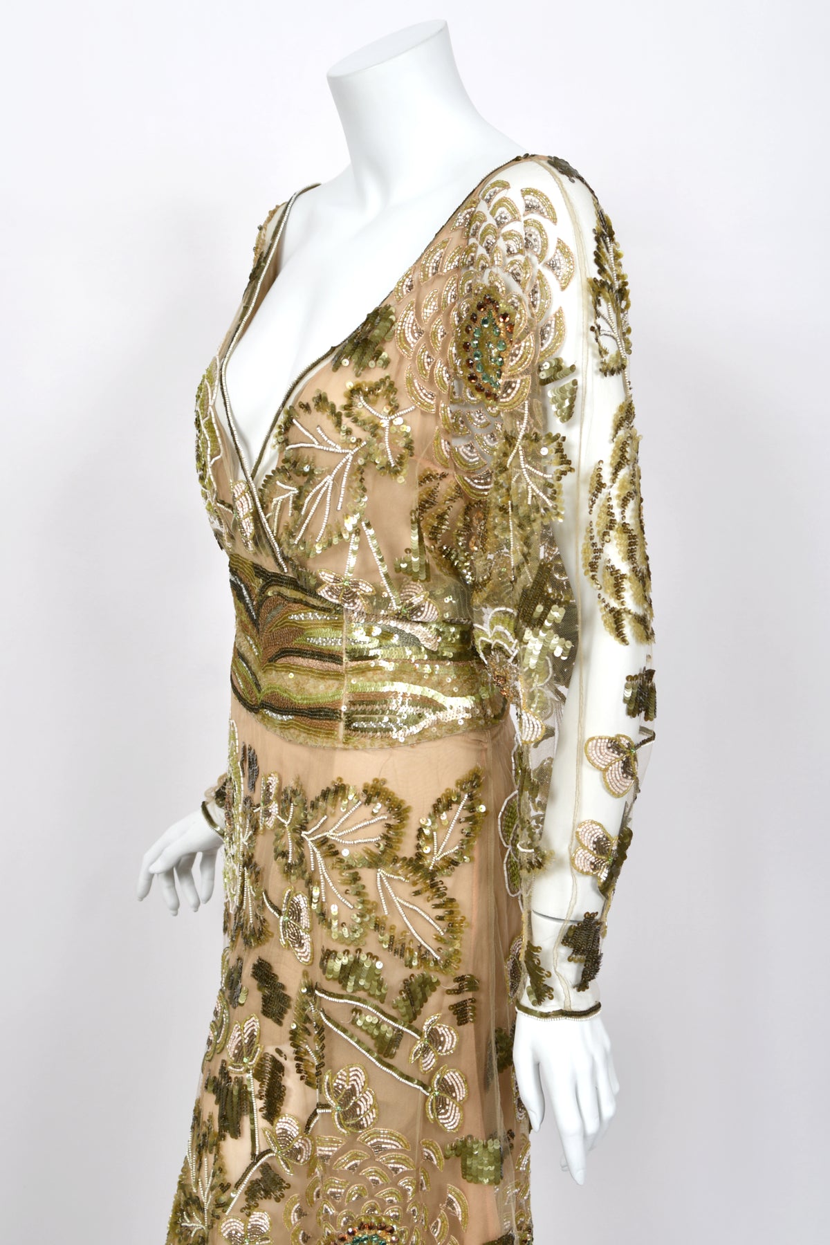 2003 Valentino Runway Heavily Embellished Jeweled Low Cut Nude-Illusion Sheer Net Dress