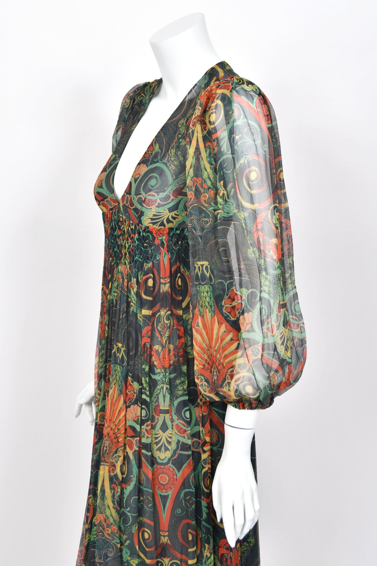 1971 Thea Porter Couture Green Art Nouveau Motif Silk Billow-Sleeve Maxi Dress