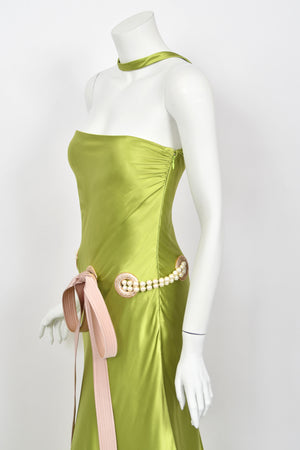 2005 Valentino Runway Chartreuse Silk Draped-Pearls Reverse Halter Glamour Gown