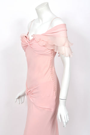 2004 Christian Dior by John Galliano Light Pink Silk Draped Shawl High Slit Bias-Cut Gown
