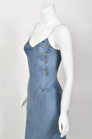 2000 Christian Dior by John Galliano Trompe L'oeil Denim Print Silk Bias-Cut Dress