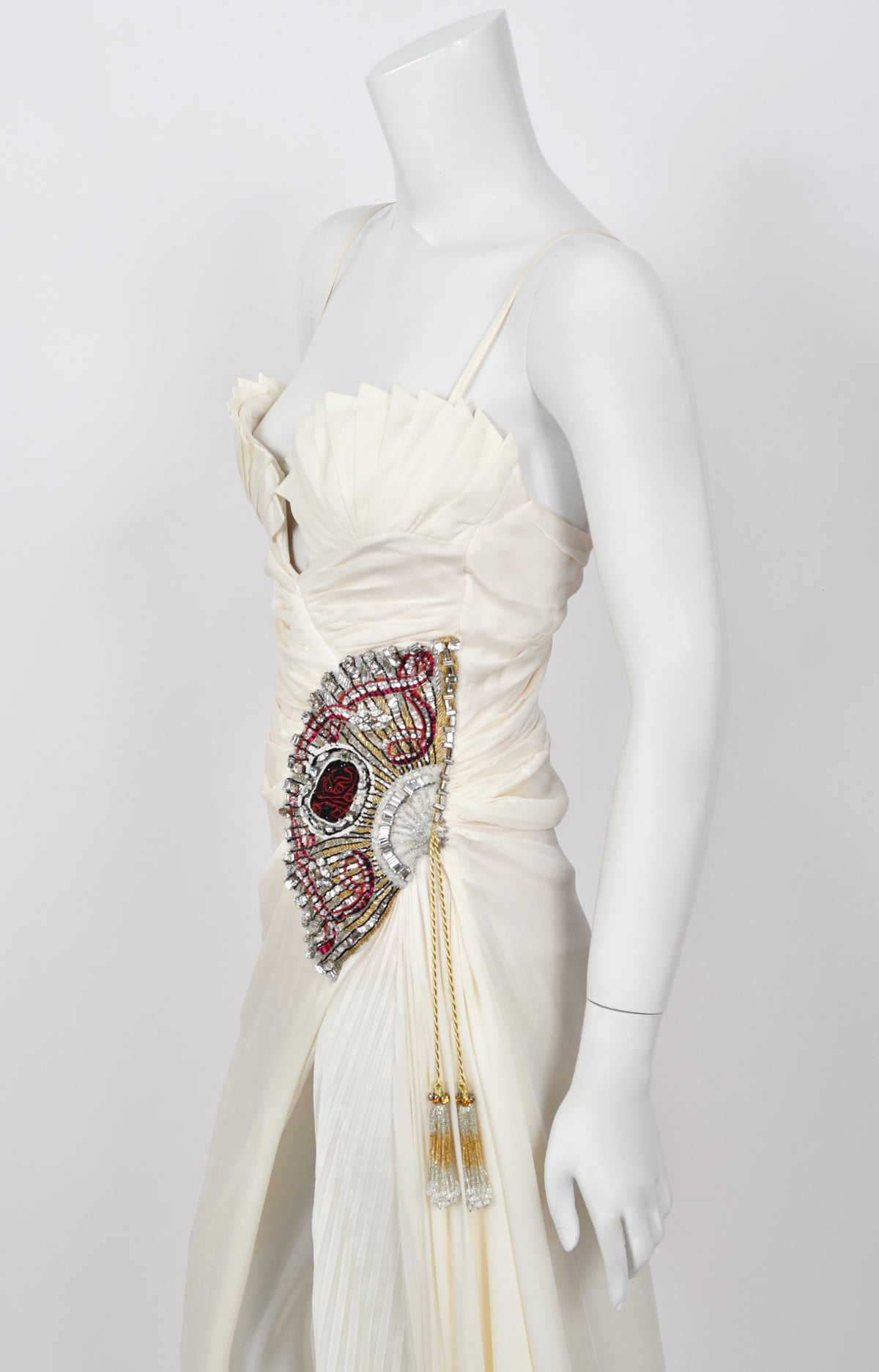 2006 Roberto Cavalli Embellished Ivory Silk Sculptural High-Slit Finale Gown
