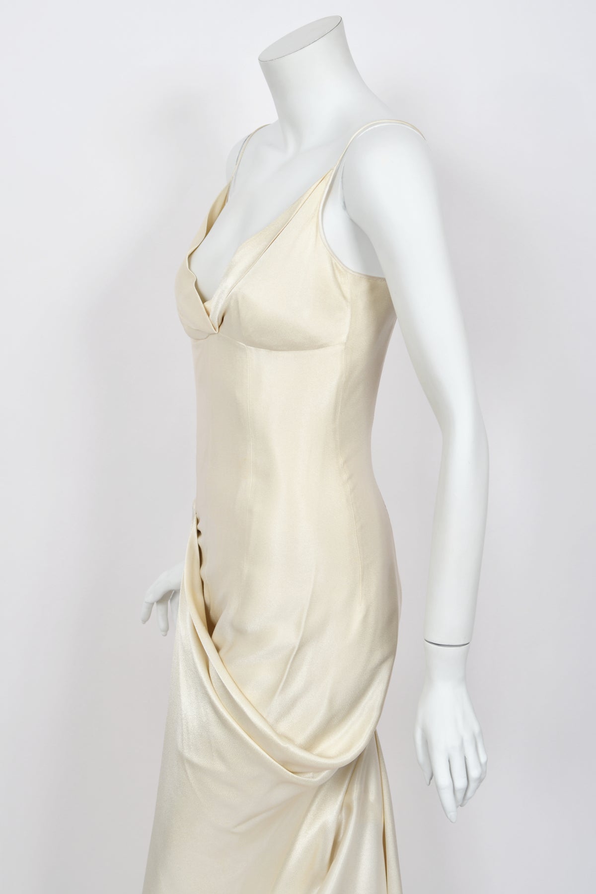 1999 John Galliano Ivory Satin Asymmetric Drape Hourglass Optional Trained Gown