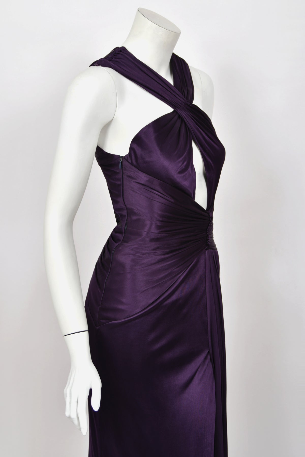 2013 Versace Runway Royal Purple Stretch Jersey Cut-Out High Slit Hourglass Gown