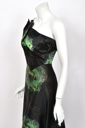 1950 Irene Lentz Couture Metallic Green & Black Floral Silk Sculpted Bustier High-Low Gown