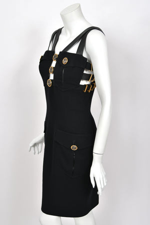 1992 Gianni Versace 'Miss S&M' Runway Collection Black Leather Bondage Wool Dress