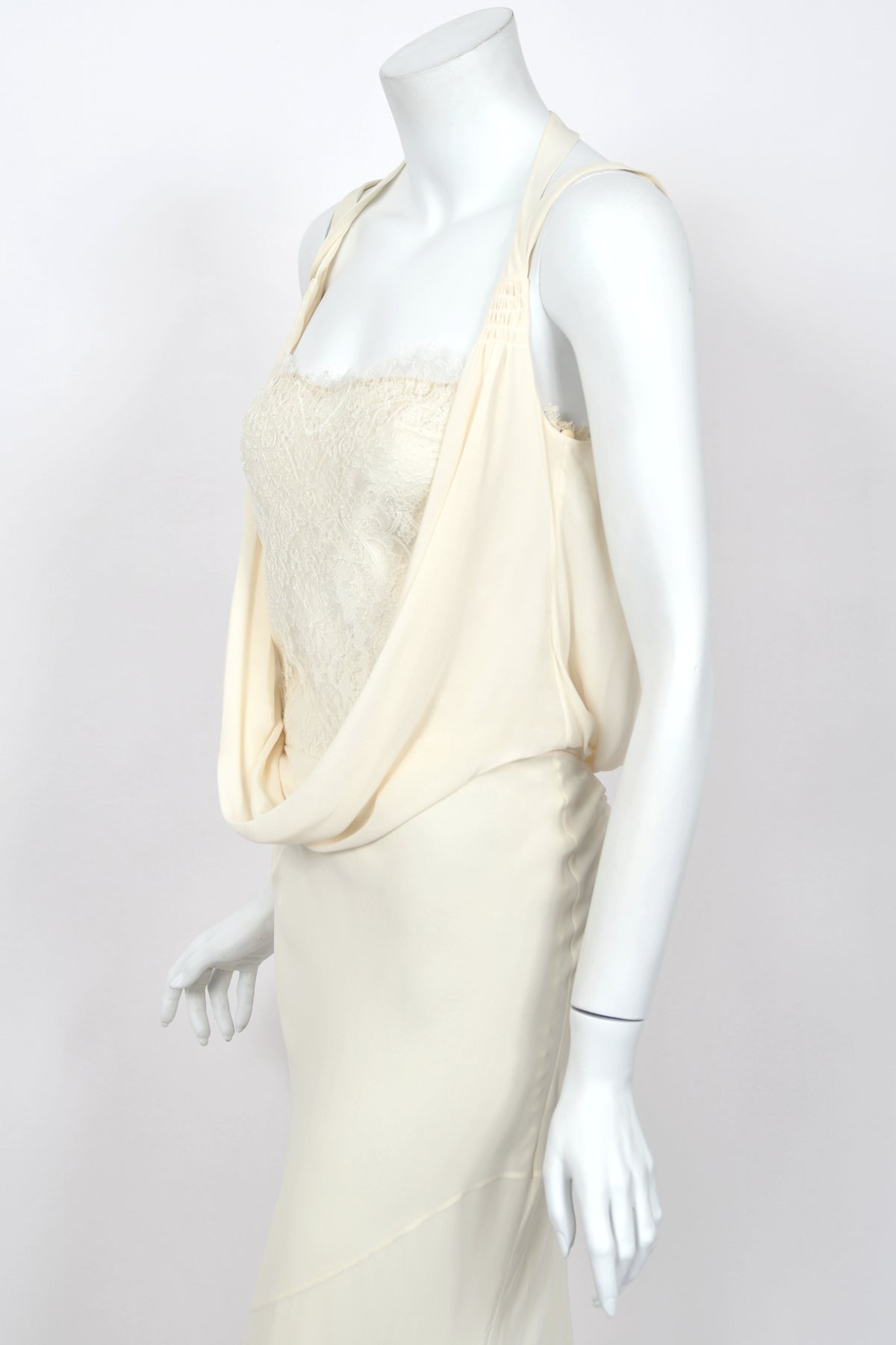2005 John Galliano Ivory Sheer Silk Chiffon &amp; Chantilly Lace Draped Halter Bias-Cut Gown