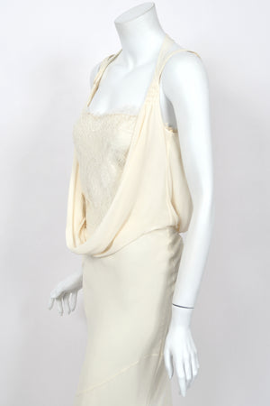2005 John Galliano Ivory Sheer Silk Chiffon & Chantilly Lace Draped Halter Bias-Cut Gown