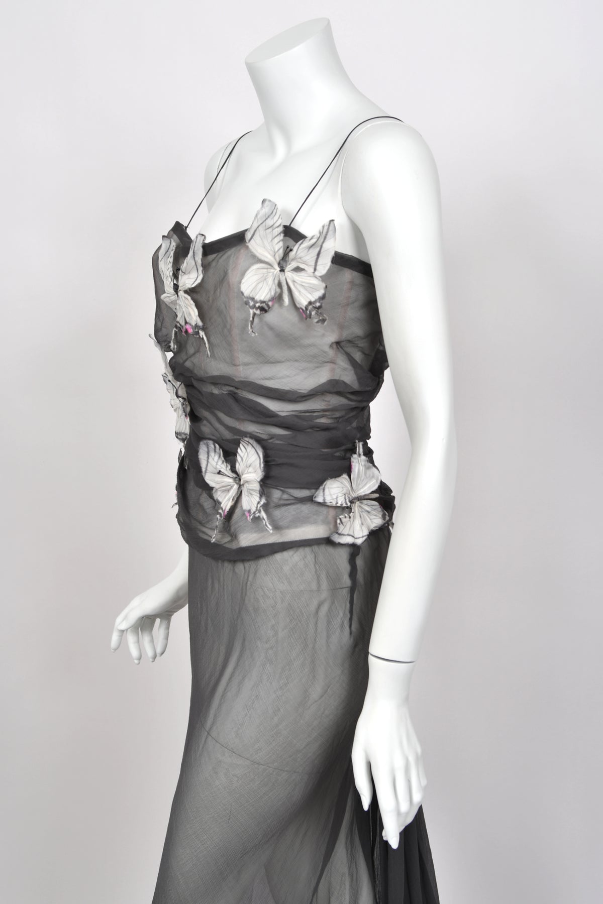 1998 Dolce &amp; Gabbana 'Stromboli Collection' Hand-Painted Butterflies Grey Sheer Silk Corset Gown