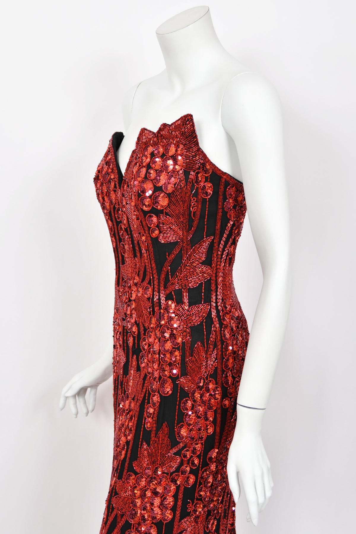 1990 Bob Mackie Red Grapevines Beaded Sequin Silk Strapless Hourglass Slit Gown