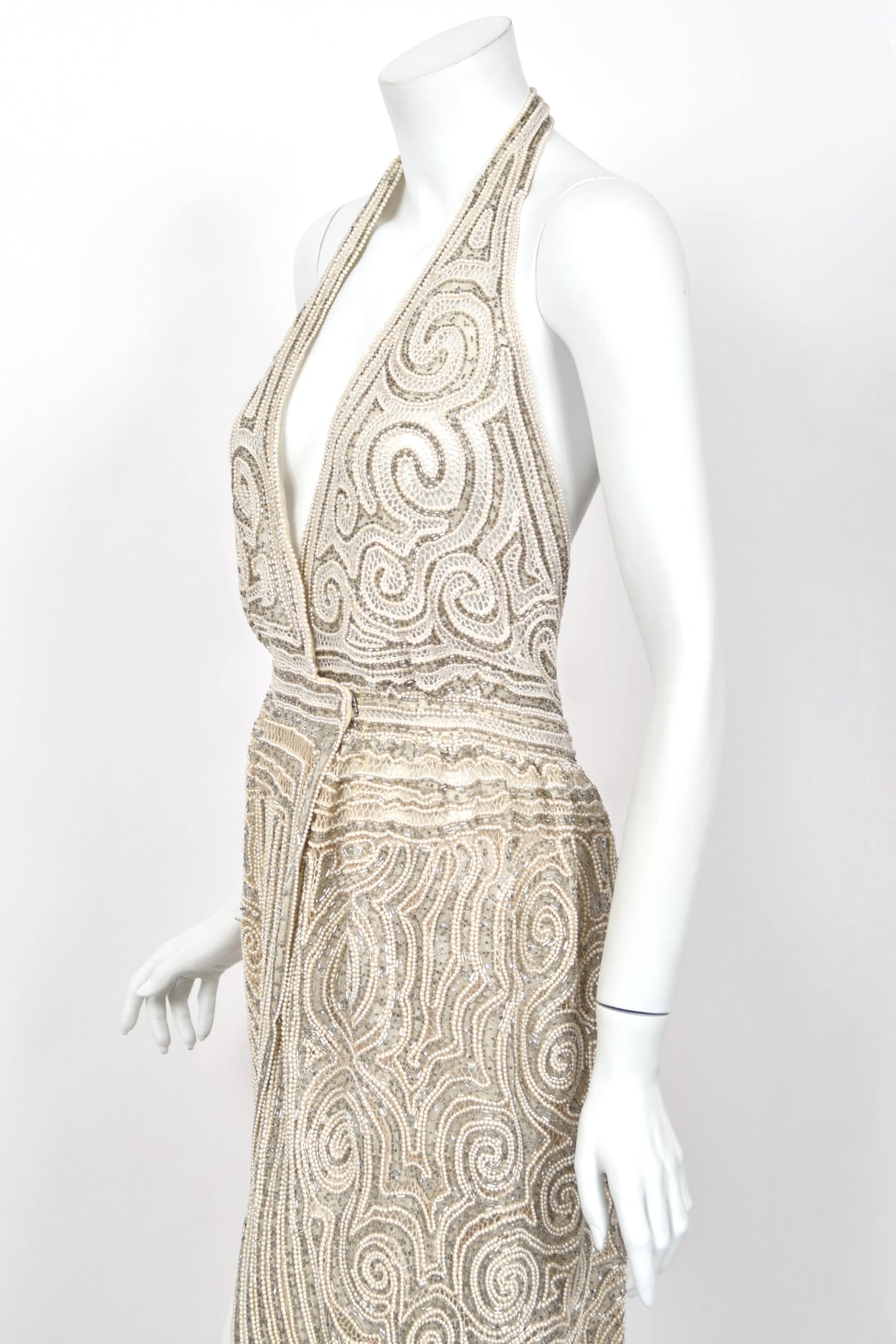 1982 Halston Runway Beaded Sheer Illusion Champagne Lace Backless Halter Wrap Gown