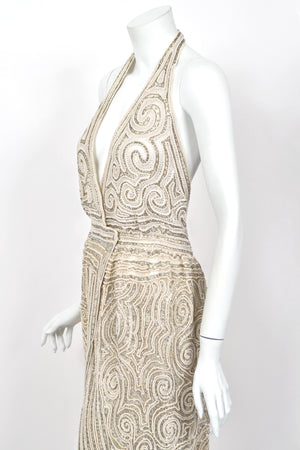 1982 Halston Runway Beaded Sheer Illusion Champagne Lace Backless Halter Wrap Gown