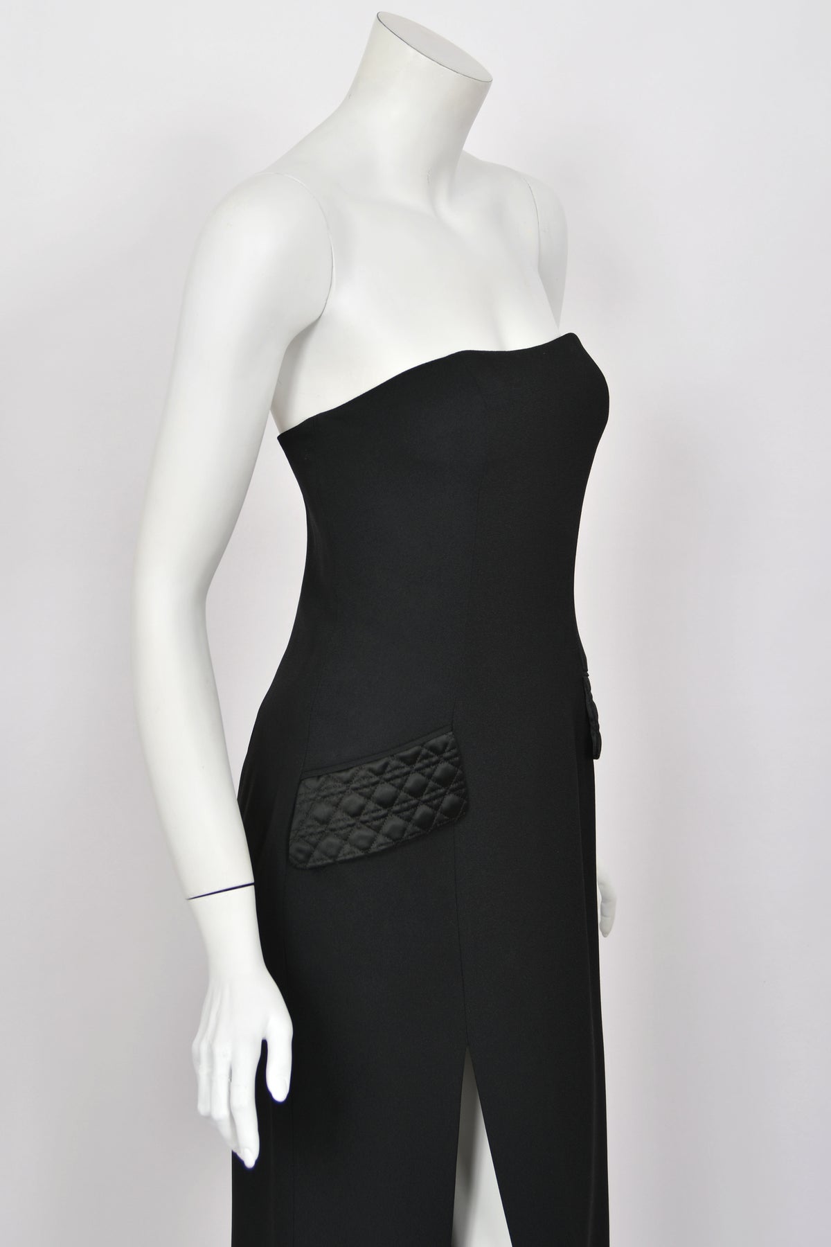 1997 Christian Dior by John Galliano Black Silk Crepe Strapless High-Slit Gown