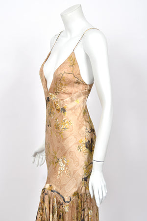 2006 Roberto Cavalli Champagne Floral & Bird Motif Silk Pleated High Low Bias-Cut Gown
