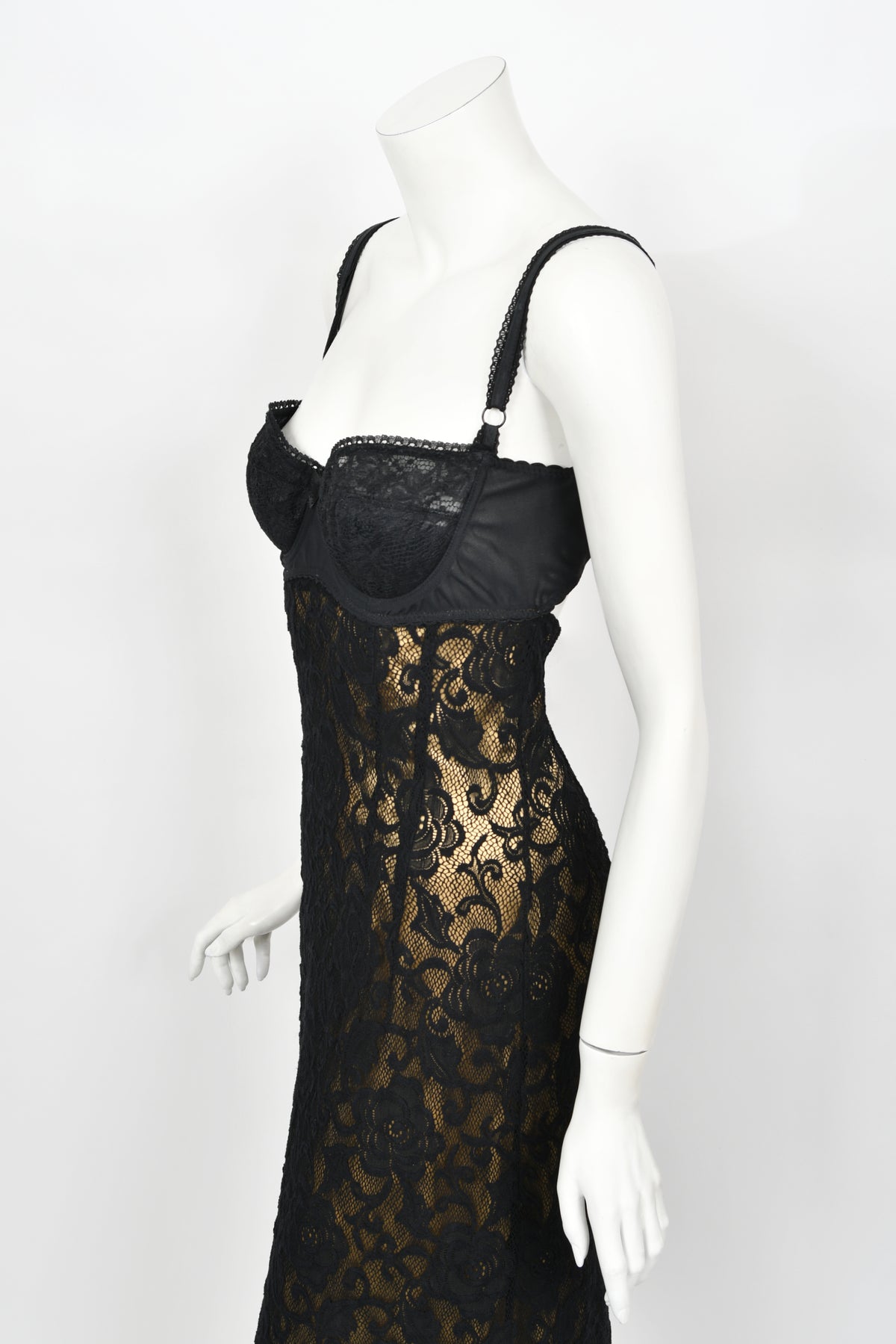 1997 Dolce &amp; Gabbana Sheer Black Stretch Lace Built-In Bra Slip Gown