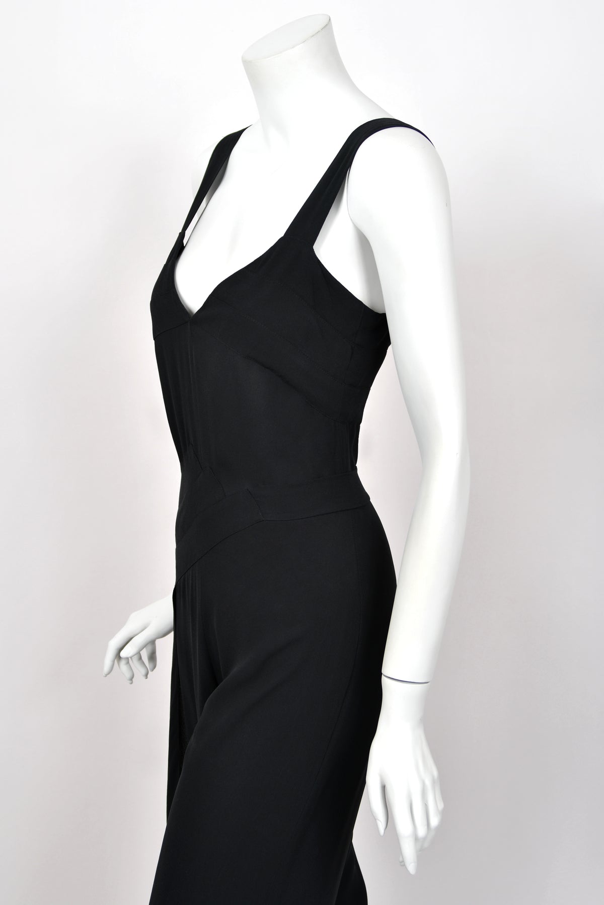 1999 Chanel by Karl Lagerfeld Runway Black Crepe Low-Plunge Draped Sash Jumpsuit