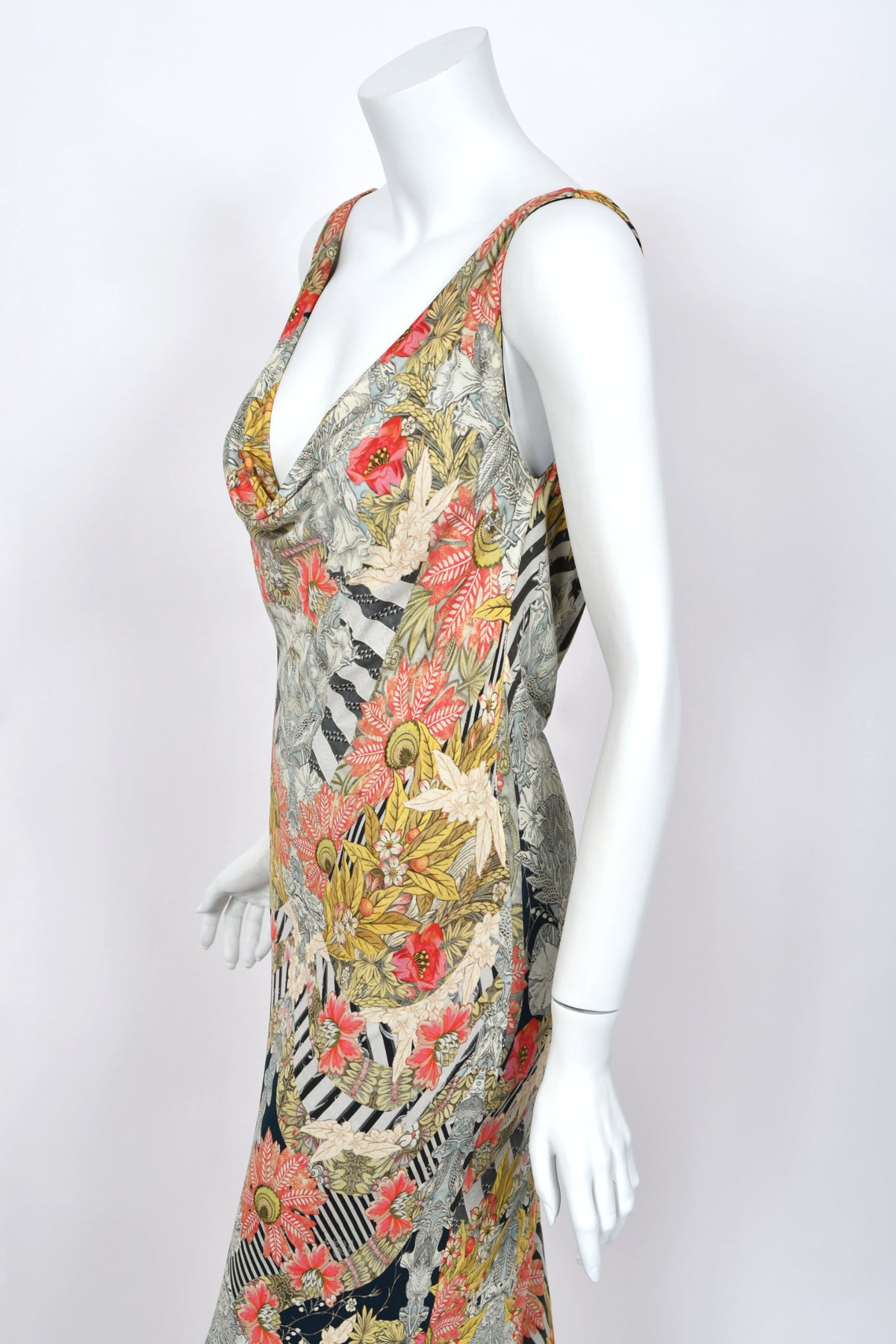 2011 Alexander McQueen 'Folklore Fin' Floral Stripe Print Draped Bias-Cut Gown w/ Shawl