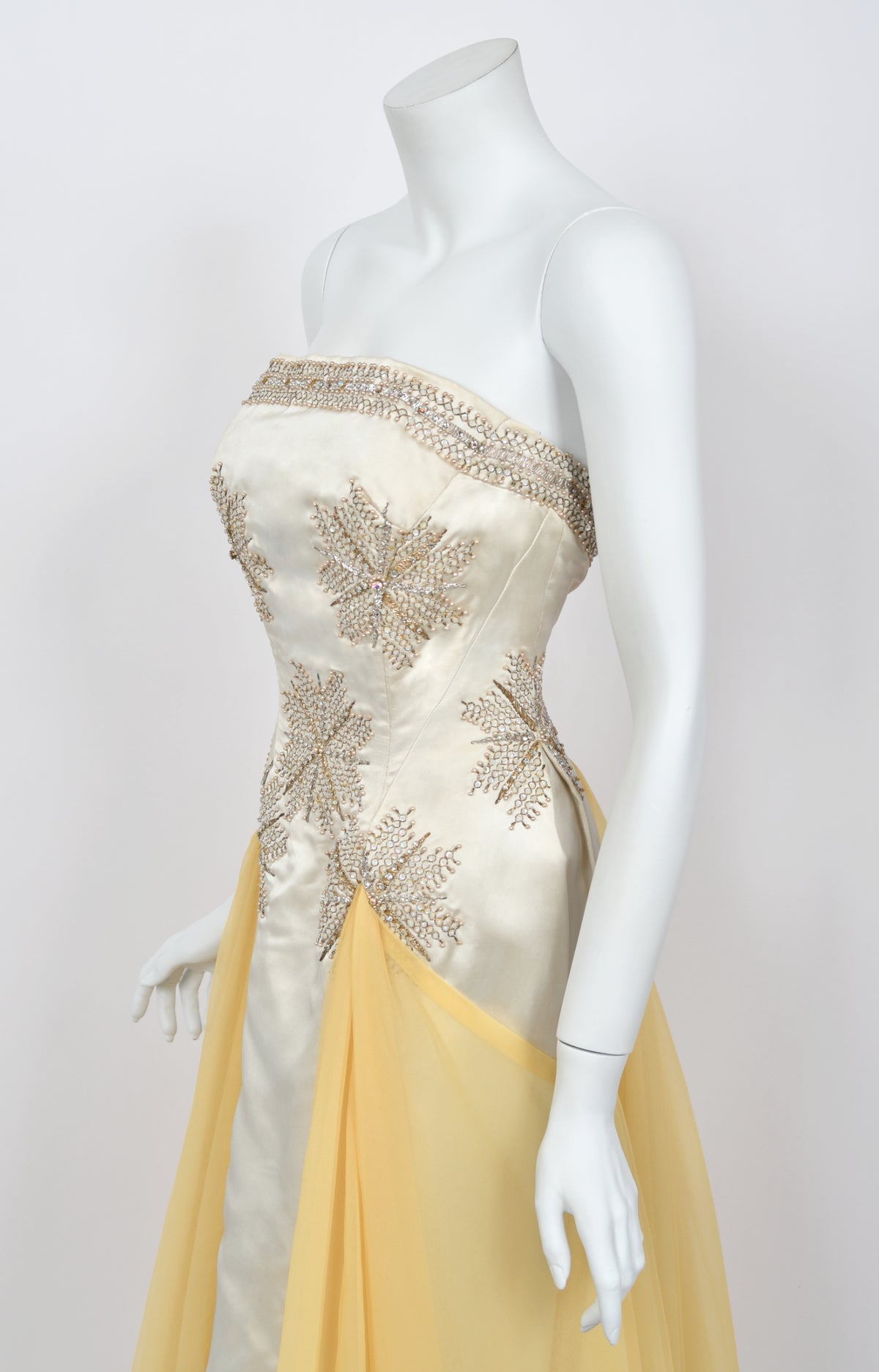 1950&#39;s French Couture Ivory Metallic Embroidered Beaded Silk Skirted Hourglass Gown