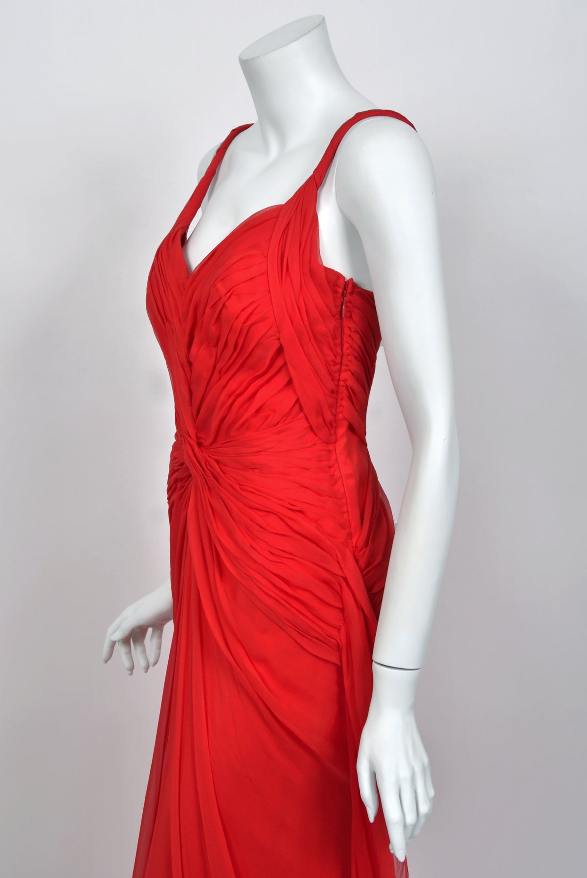 2007 Emanuel Ungaro Lipstick Red Heavily Ruched Silk Chiffon Trained Hourglass Gown