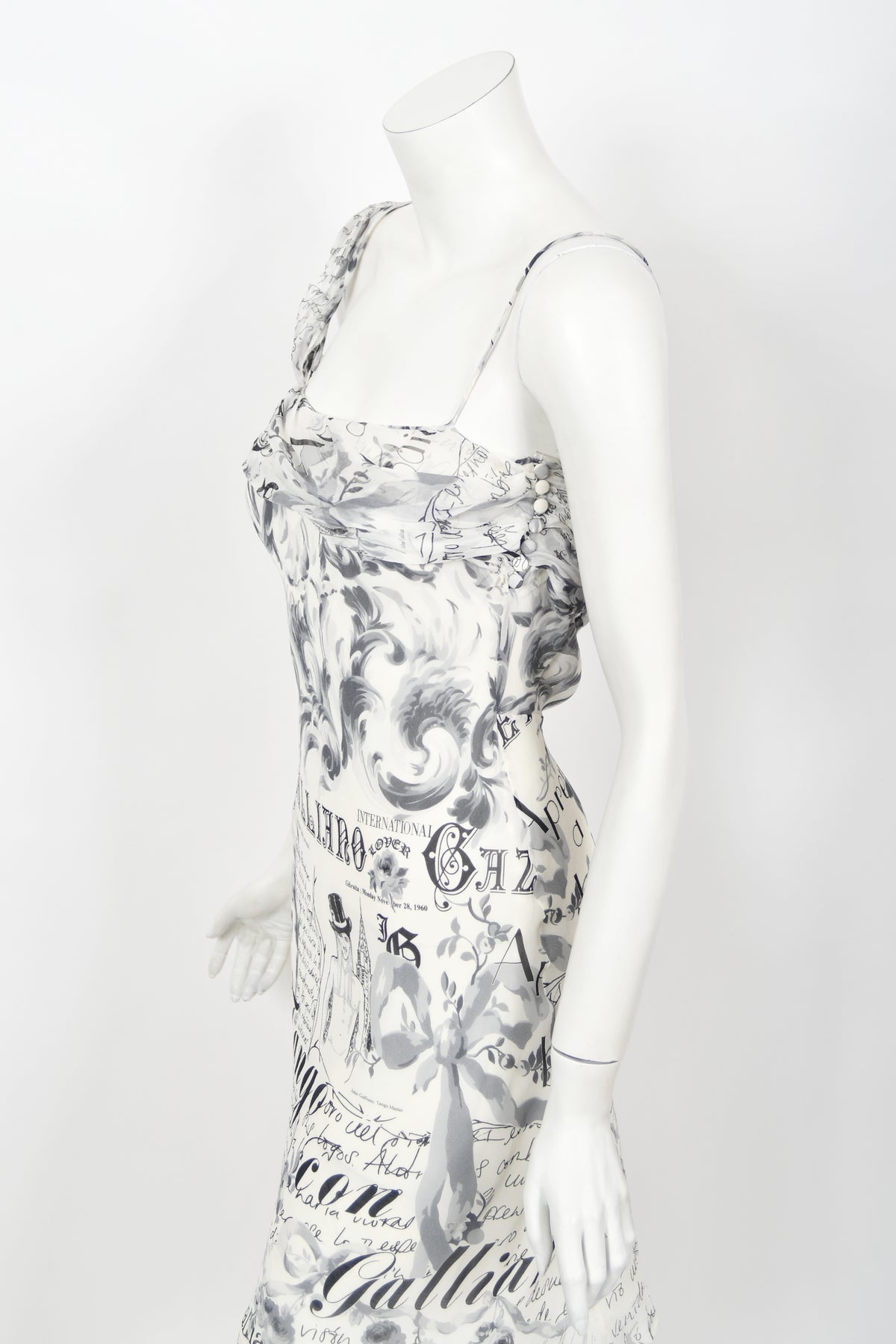 2006 John Galliano Documented Newspaper Print Silk Chiffon Bias-Cut Slip Dress