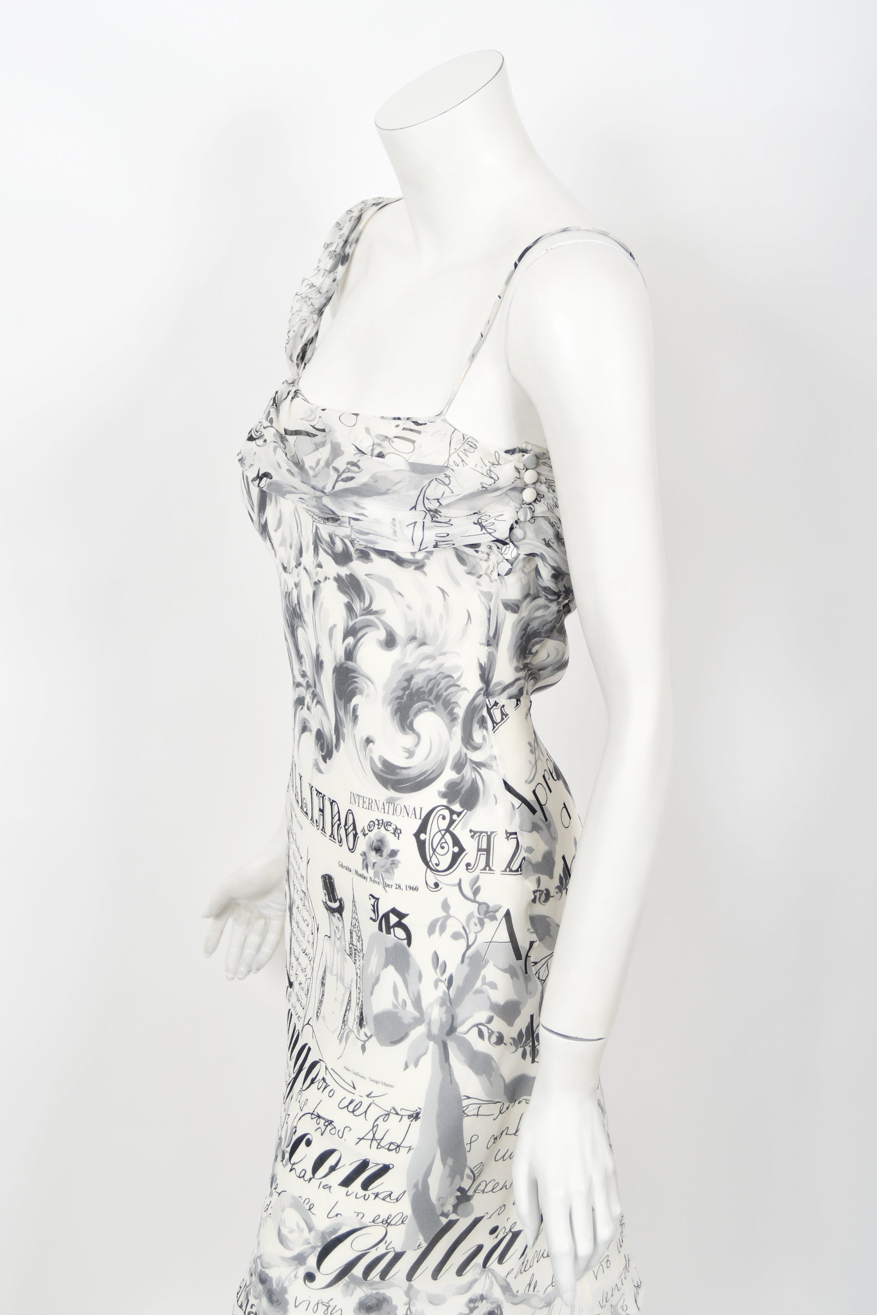 newspaper silk dress Vintage 2006 John Galliano Documented Newspaper Print Silk Bias-Cut Slip Dress