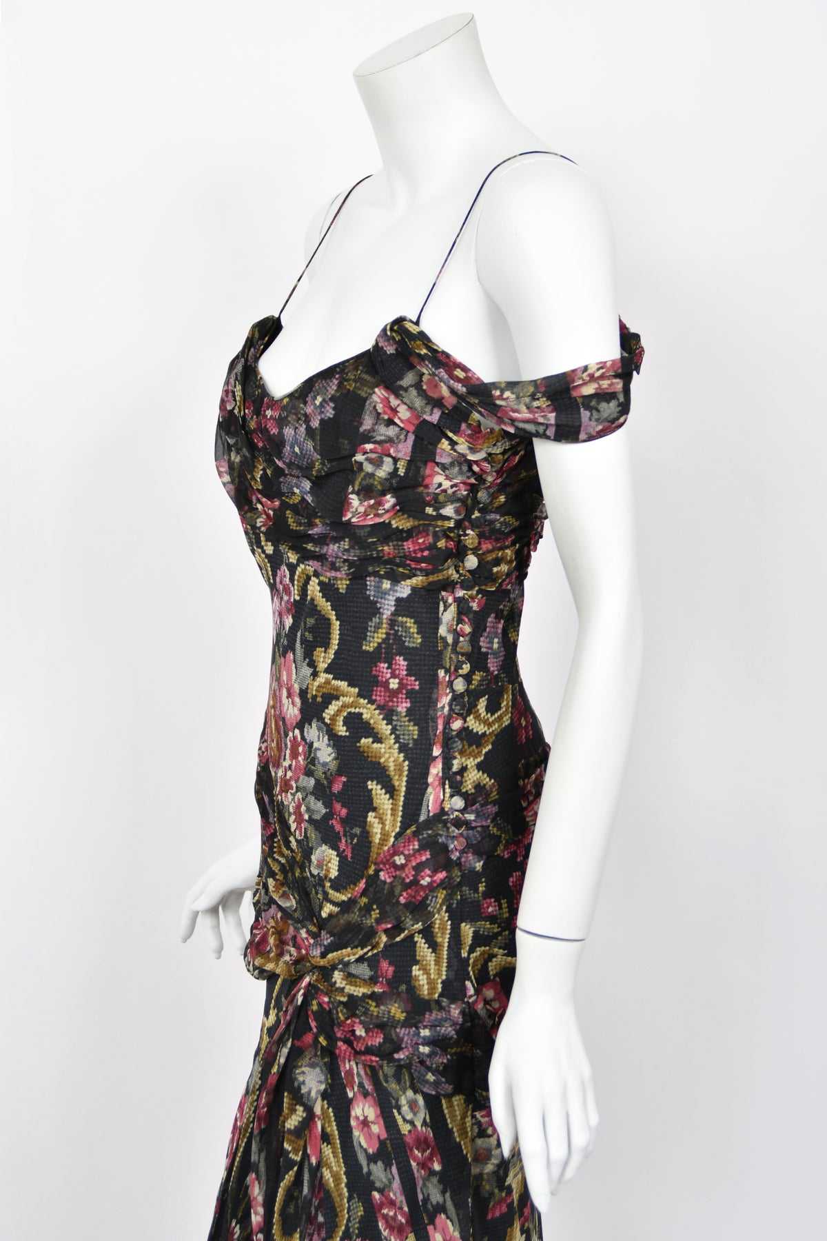 2004 John Galliano Needlepoint Floral Print Silk Bias-Cut Gown w/ Matching Scarf